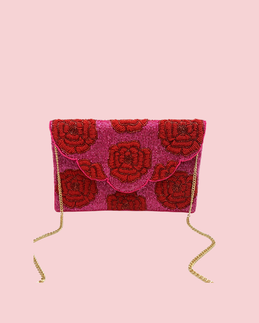 FUCHSIA WITH RED ROSES BEADED CLUTCH