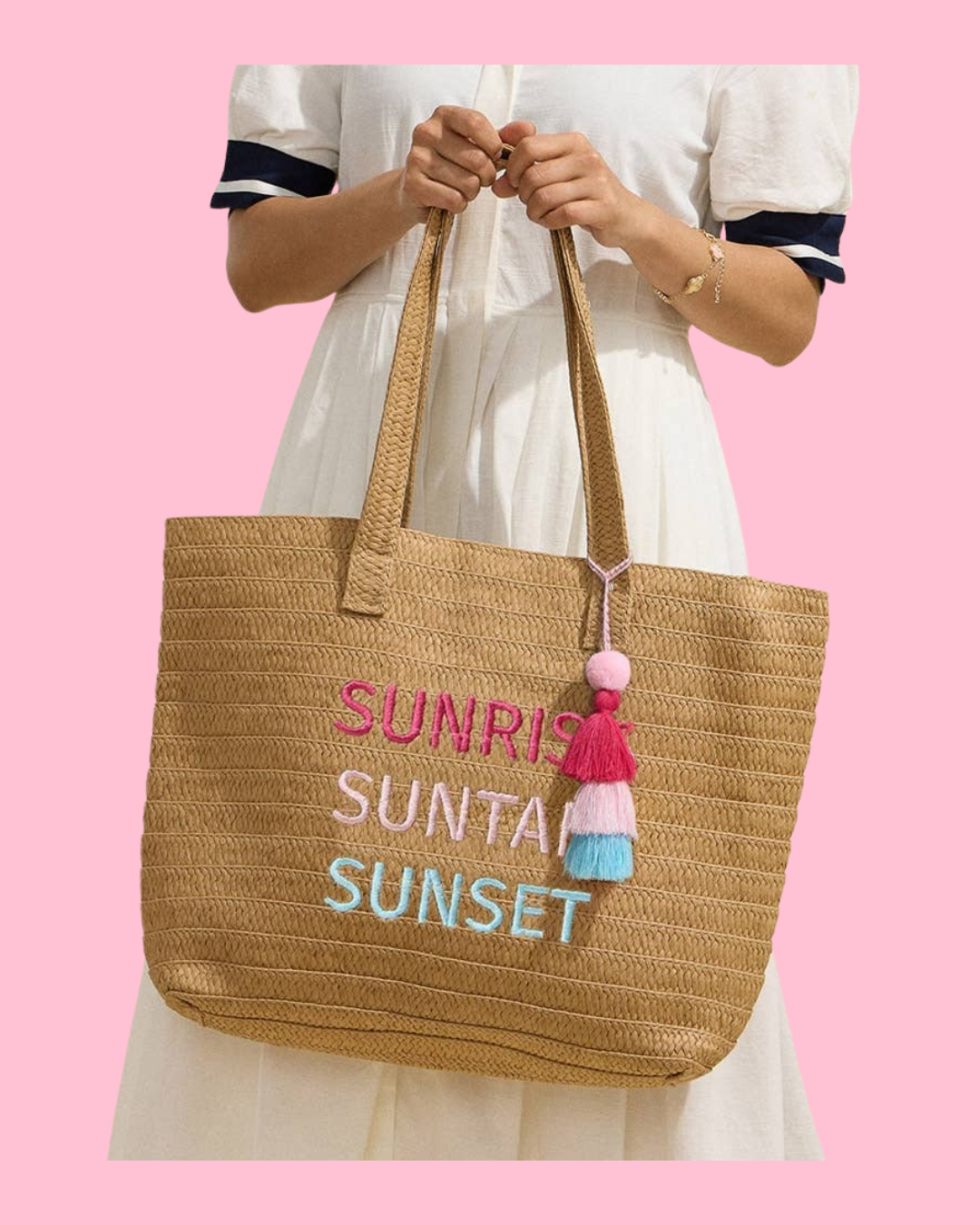 Raffia SUNRISE SUNTAN SUNSET Message Embroidered Summer Tote