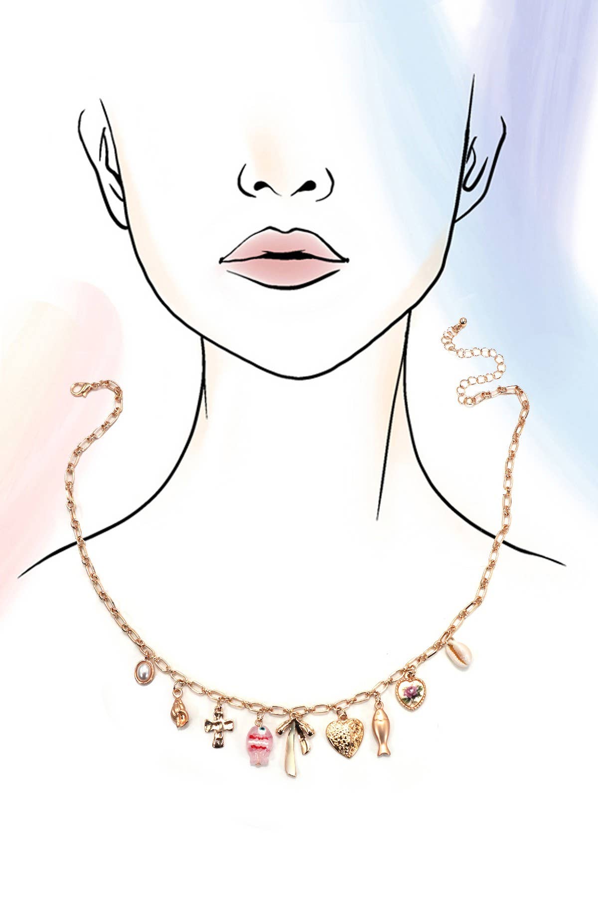 CHARM NECKLACE-FISH BOW CHARM PEARL SHELL CROSS