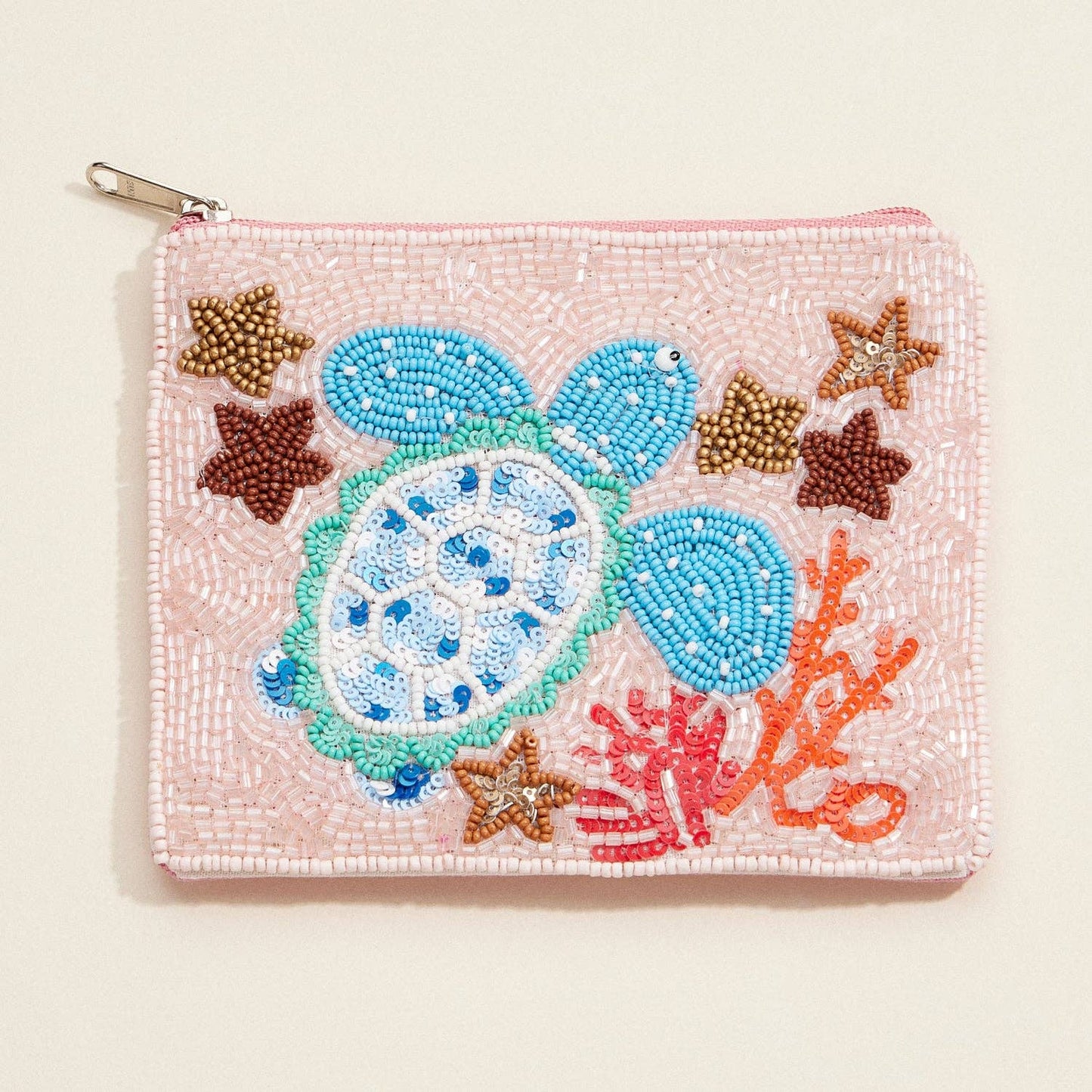 Beaded Sea Turtle Ocean-Themed Coin Purse with Coral