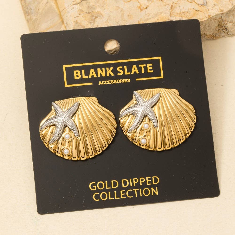 Gold Dipped Two Tone Starfish And Shell Large Stud Earrings