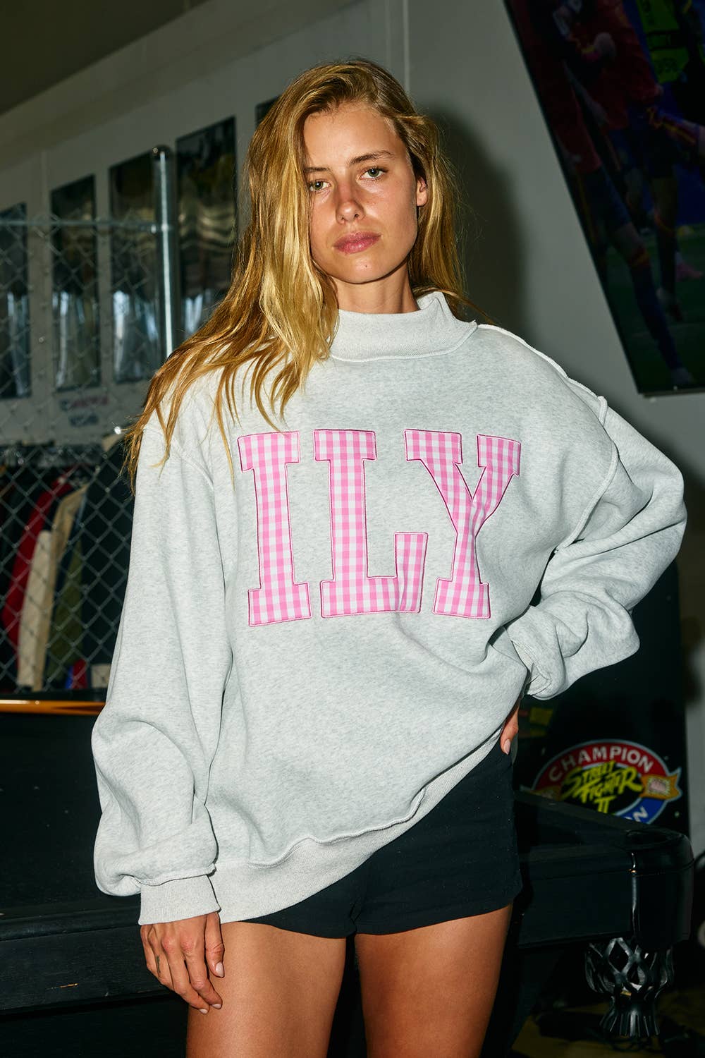 'ILY' Gingham-Patch Mock-Neck Sweatshirt