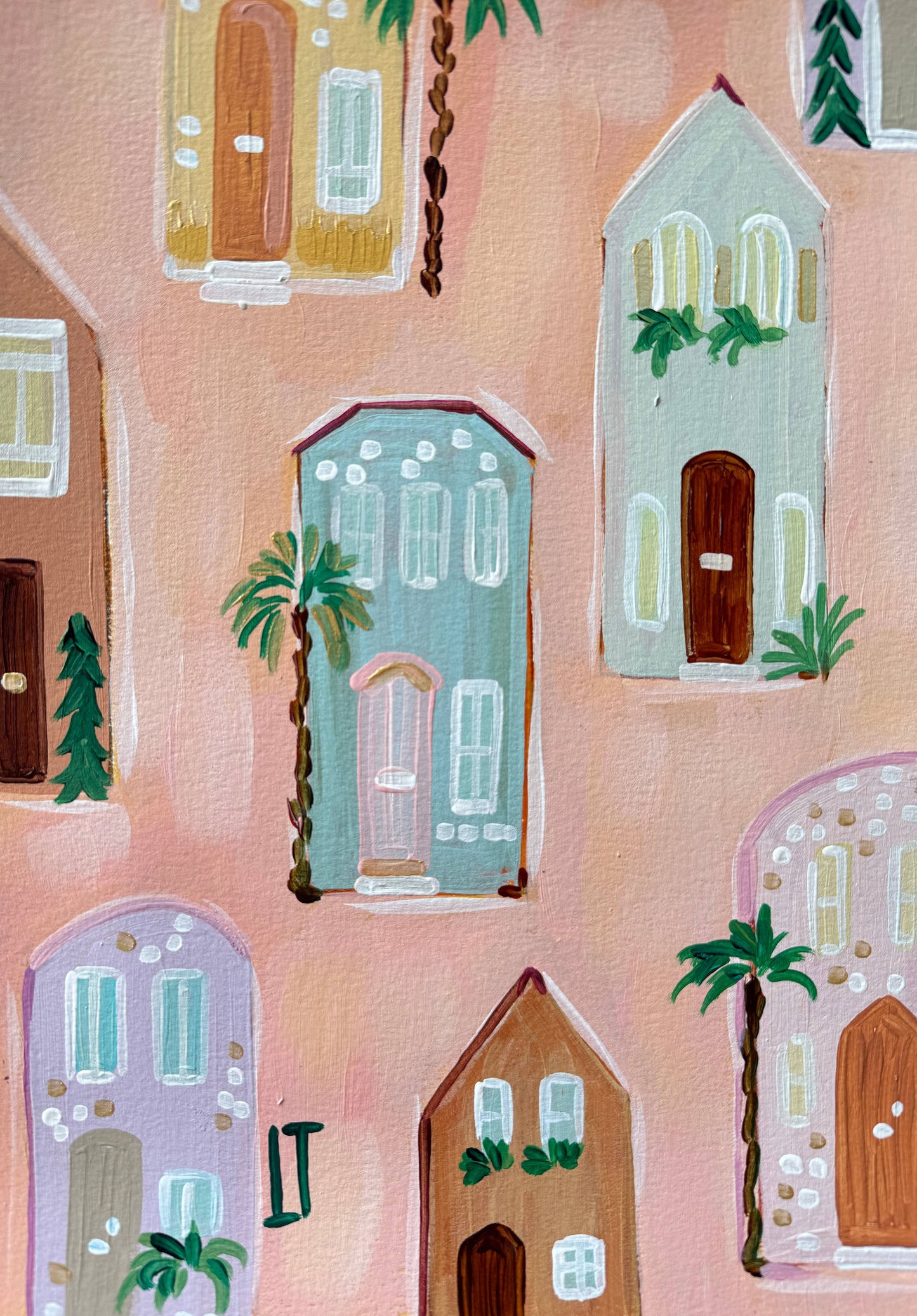 Charleston Inspired Print:  Colorful Homes Pattern in Pink