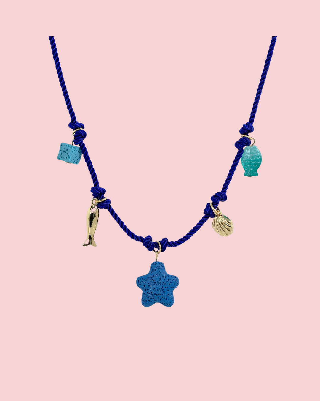 Beach Mode Coastal Blue Lagoon Star Reef Rope 5 Charm Necklace
