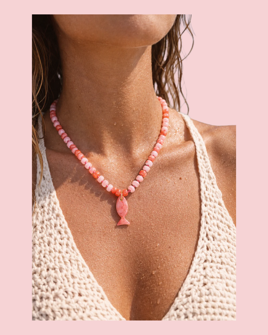 Beach Mode Pink Cherry Splash Marble Fish Beaded Necklace