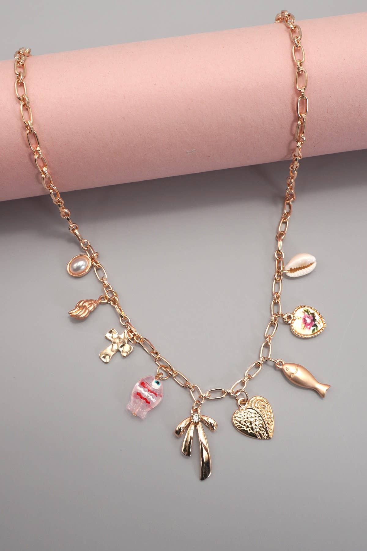 CHARM NECKLACE-FISH BOW CHARM PEARL SHELL CROSS