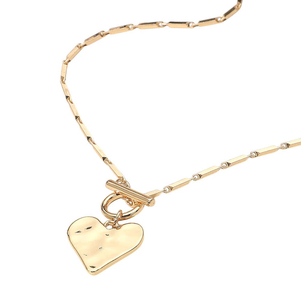 Hammered Metal Heart Pendant Toggle Necklace