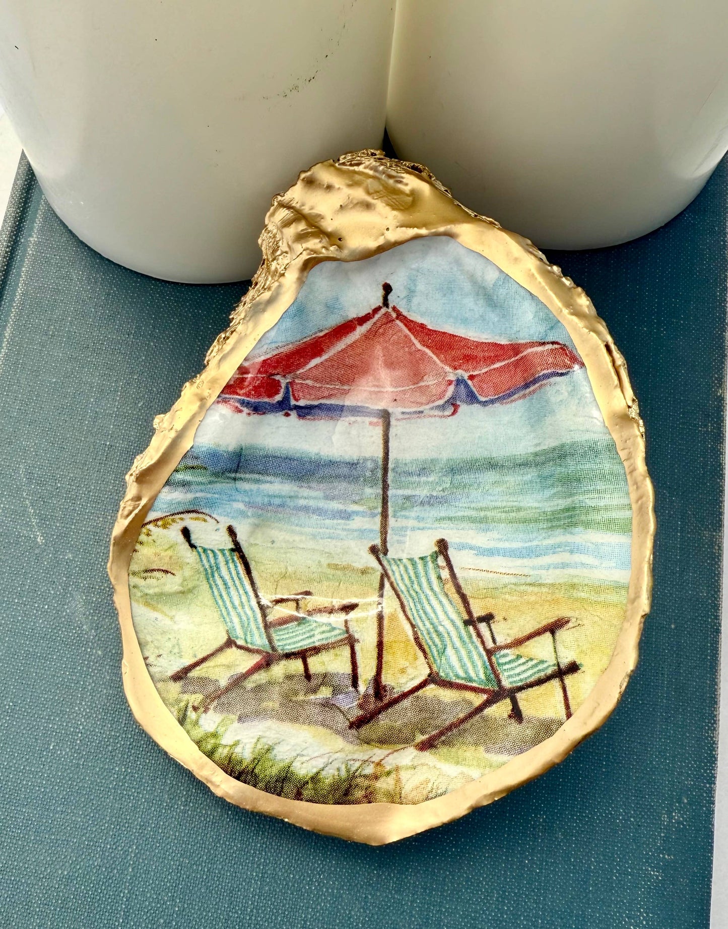 Decoupage Oyster Ring Dish--Seaside Beach Chairs