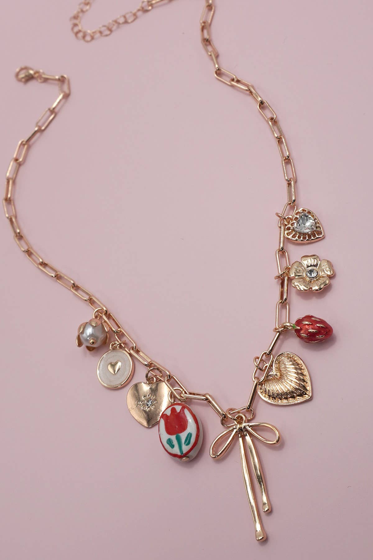 Bow Tolie Floral Heart Charm Necklace