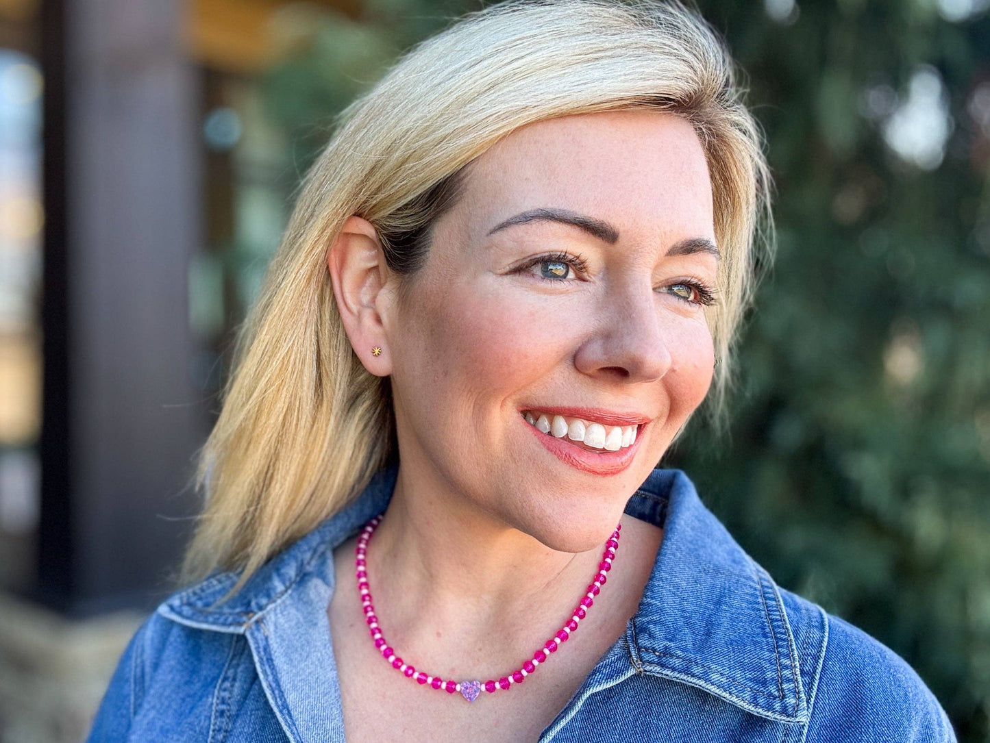 Beaded Necklace - Pink w/ Purple Opal Heart - Karley