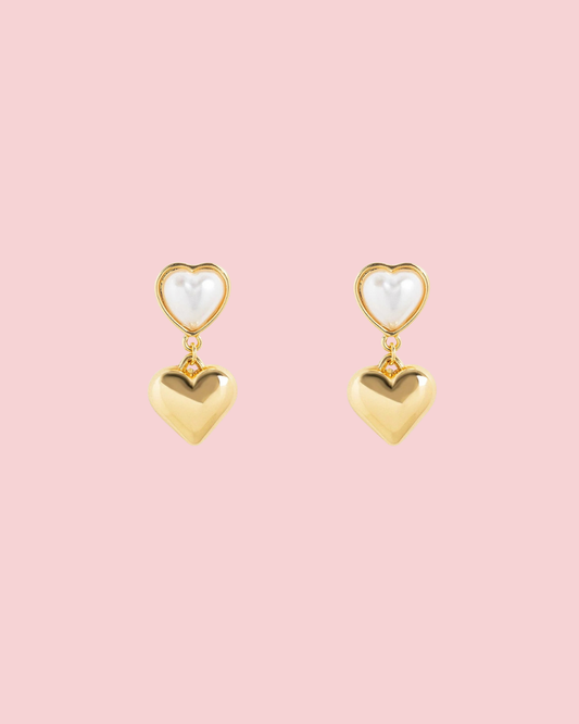 Pearl Heart w/ Puffy Heart Drop Earrings