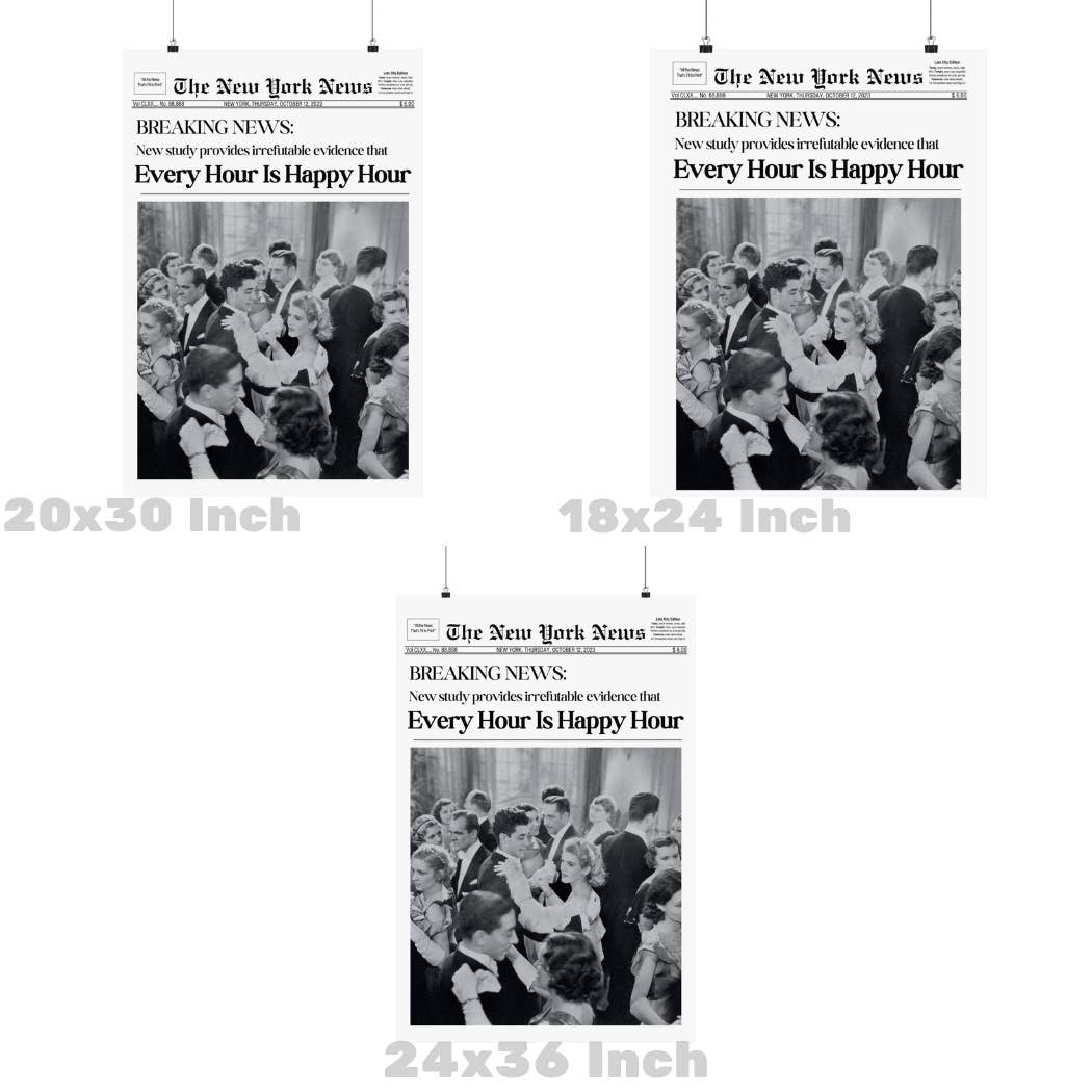 Every Hour Is Happy Hour Retro Newspaper Wall Art Prints
