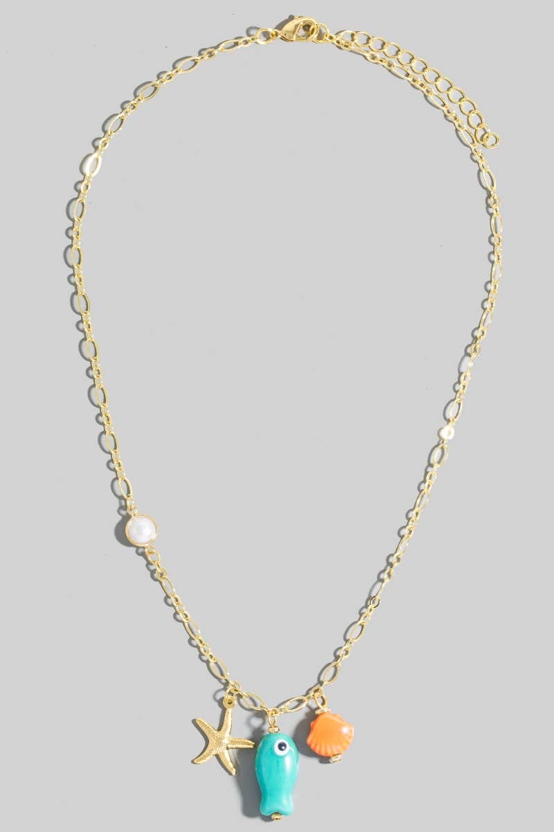 Starfish Pearl Clam And Fish Charms Chain Necklace