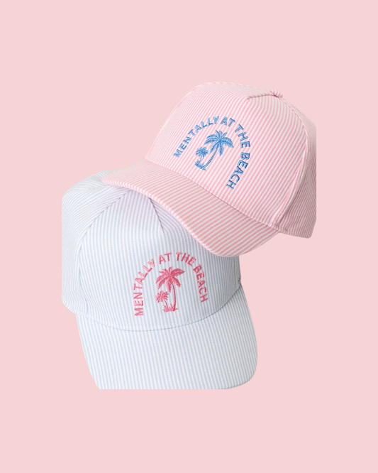 MENTALLY AT THE BEACH Embroidered Seersucker Trucker Hat