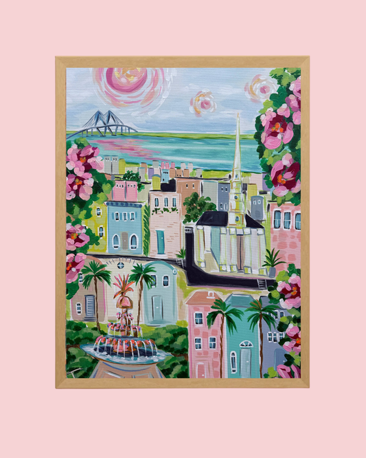 Charleston Inspired Print: Camellias and Rooftops 