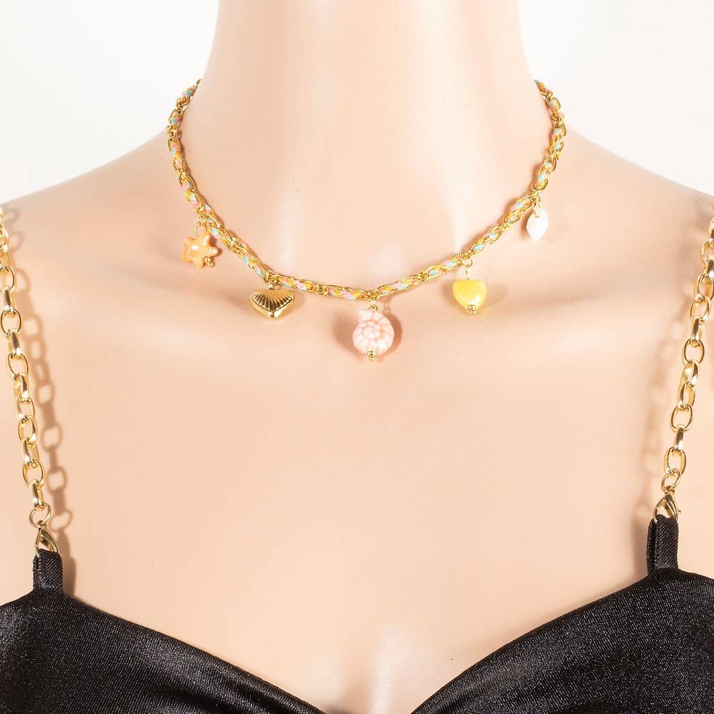 Stainless Steel Sea Life And Heart Charms Braided Necklace