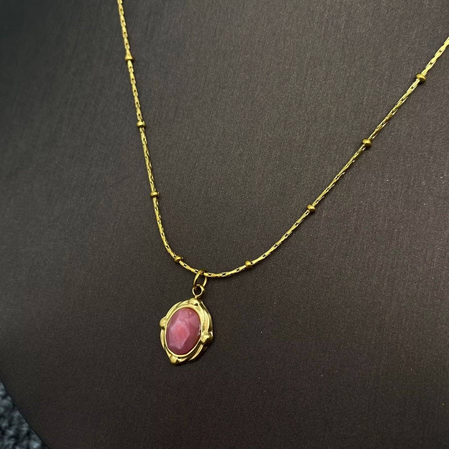 Geometric Rhodochrosite Charm 18K Golden Necklace