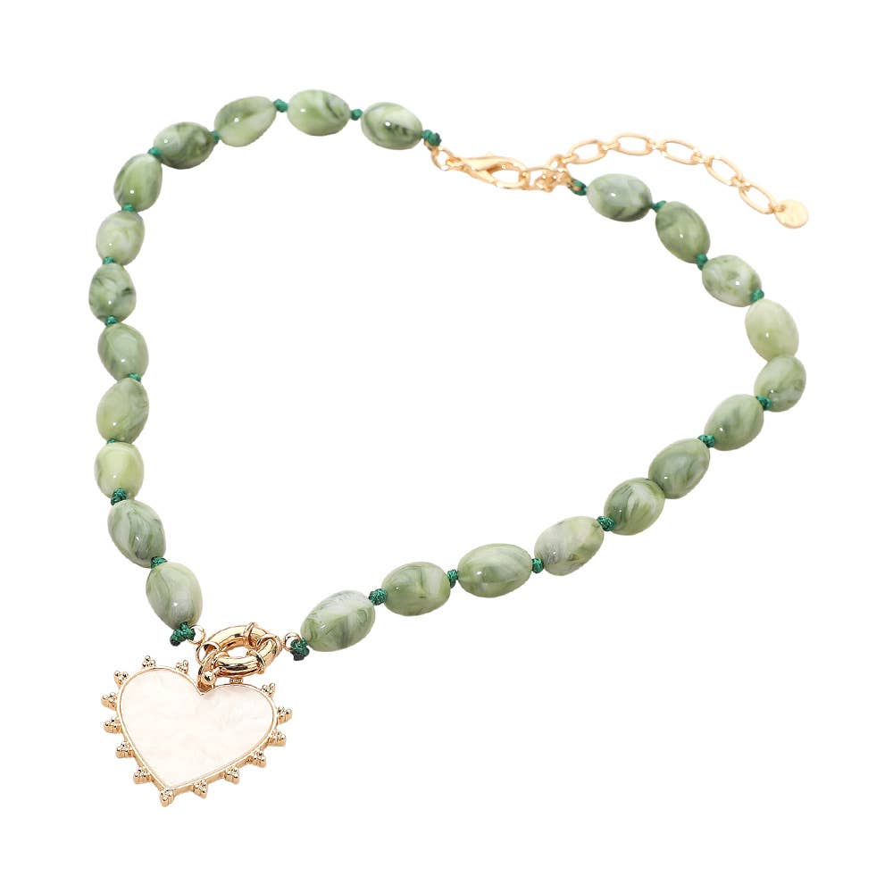 Mother of Pearl Heart Pendant Marbled Resin Oval Beaded Necklace