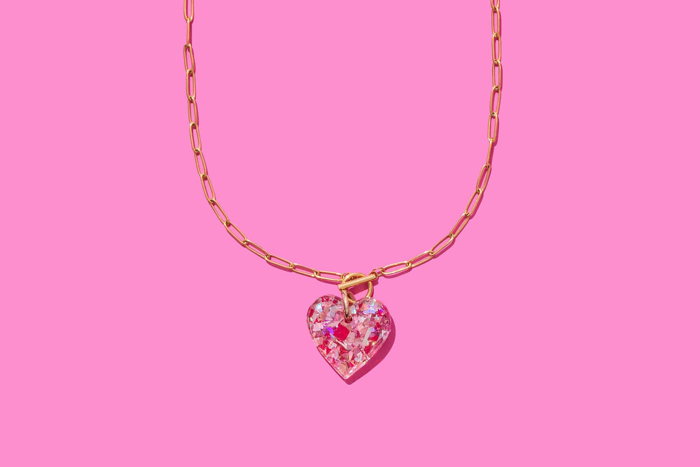 Chain Necklace - Heart - Pink + Silver Confetti