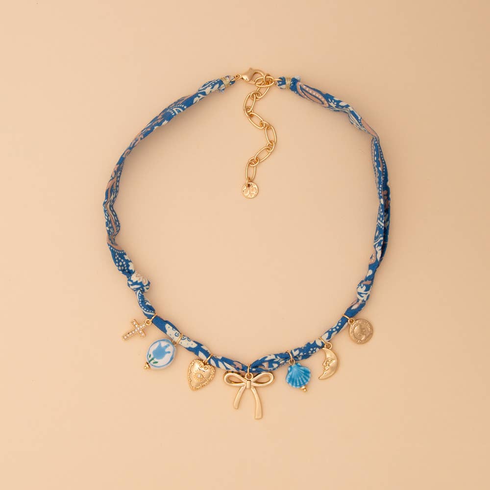 Bandana Necklace with Gold Bow and Charm Trinkets