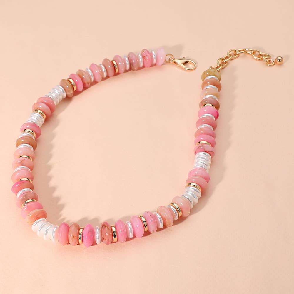 Marbled Round Shaped Beads Pearl Beaded Necklace
