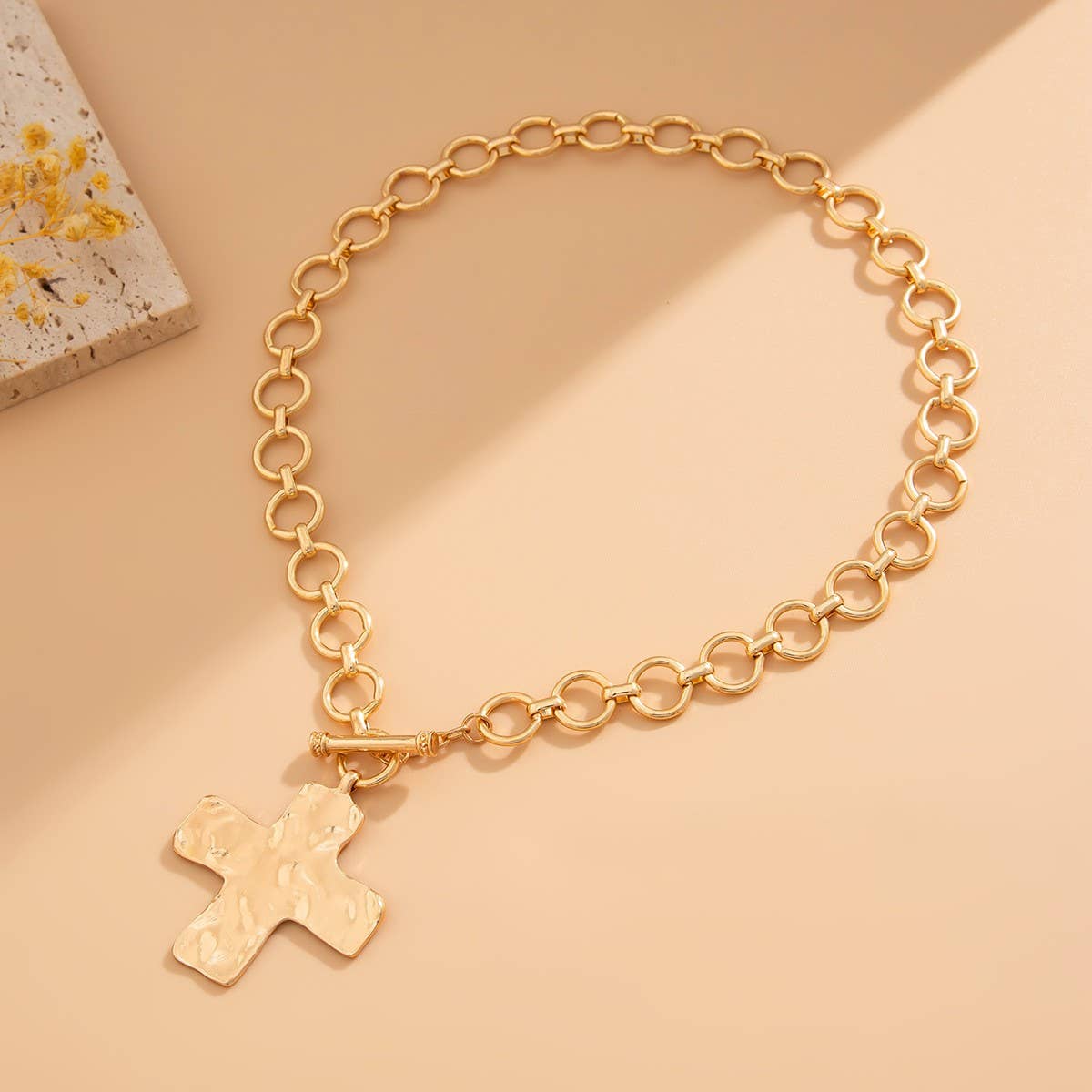 Hammered Cross Front Toggle Necklace
