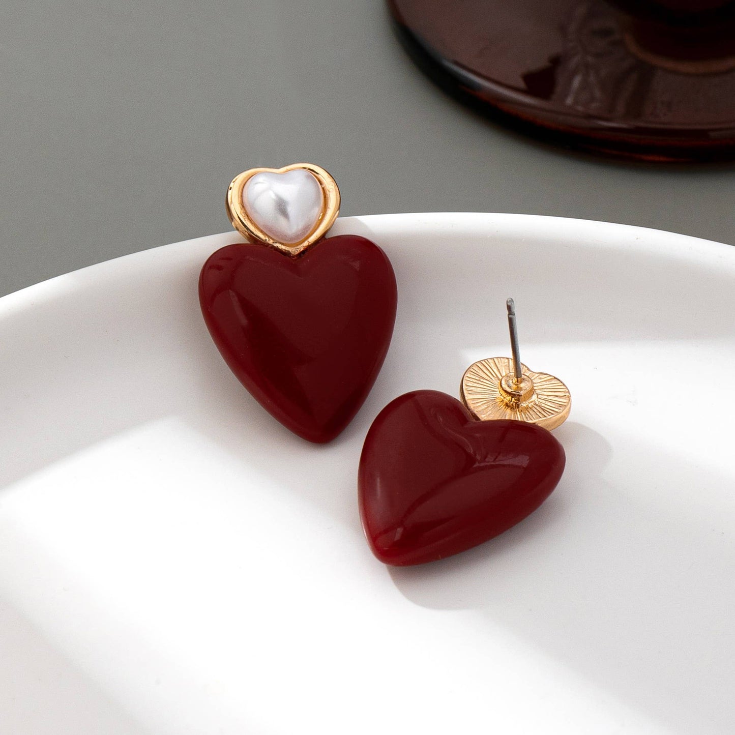 Double Heart Pearl Heart Drop Earring