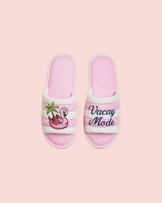 Pink Striped Slippers with Vacay Mode Flamingo