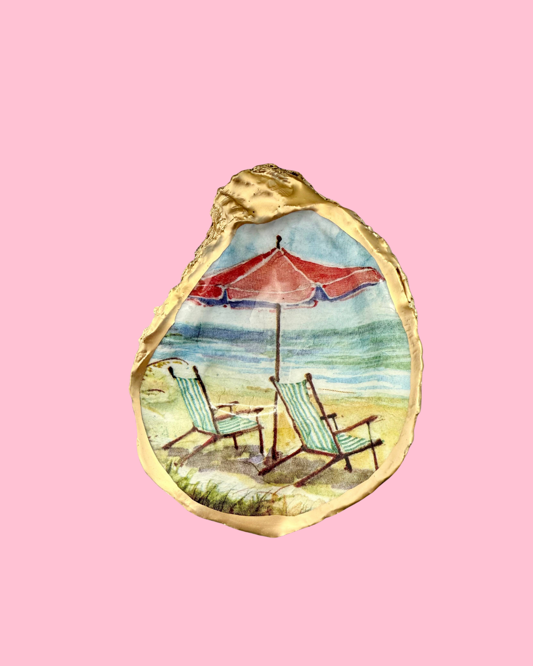 Decoupage Oyster Ring Dish--Seaside Beach Chairs