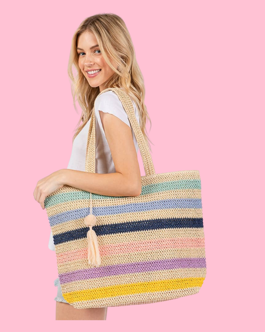 Pom Pom Tassel Multi Color Straw Crochet Tote Bag Beach Bag