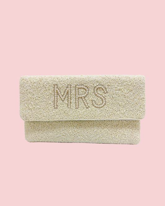 “Mrs.”  Pearl White Hand-Beaded Clutch