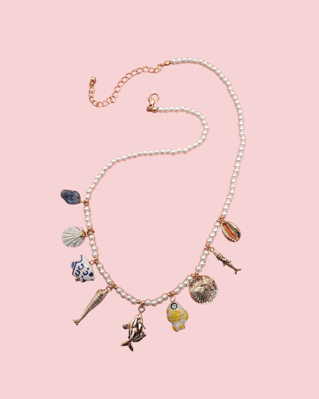 CHARM NECKLACE-PORCELAIN SHELLS FISH NATURAL STONE | 80N9214