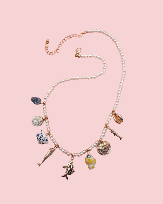 CHARM NECKLACE-PORCELAIN SHELLS FISH NATURAL STONE | 80N9214
