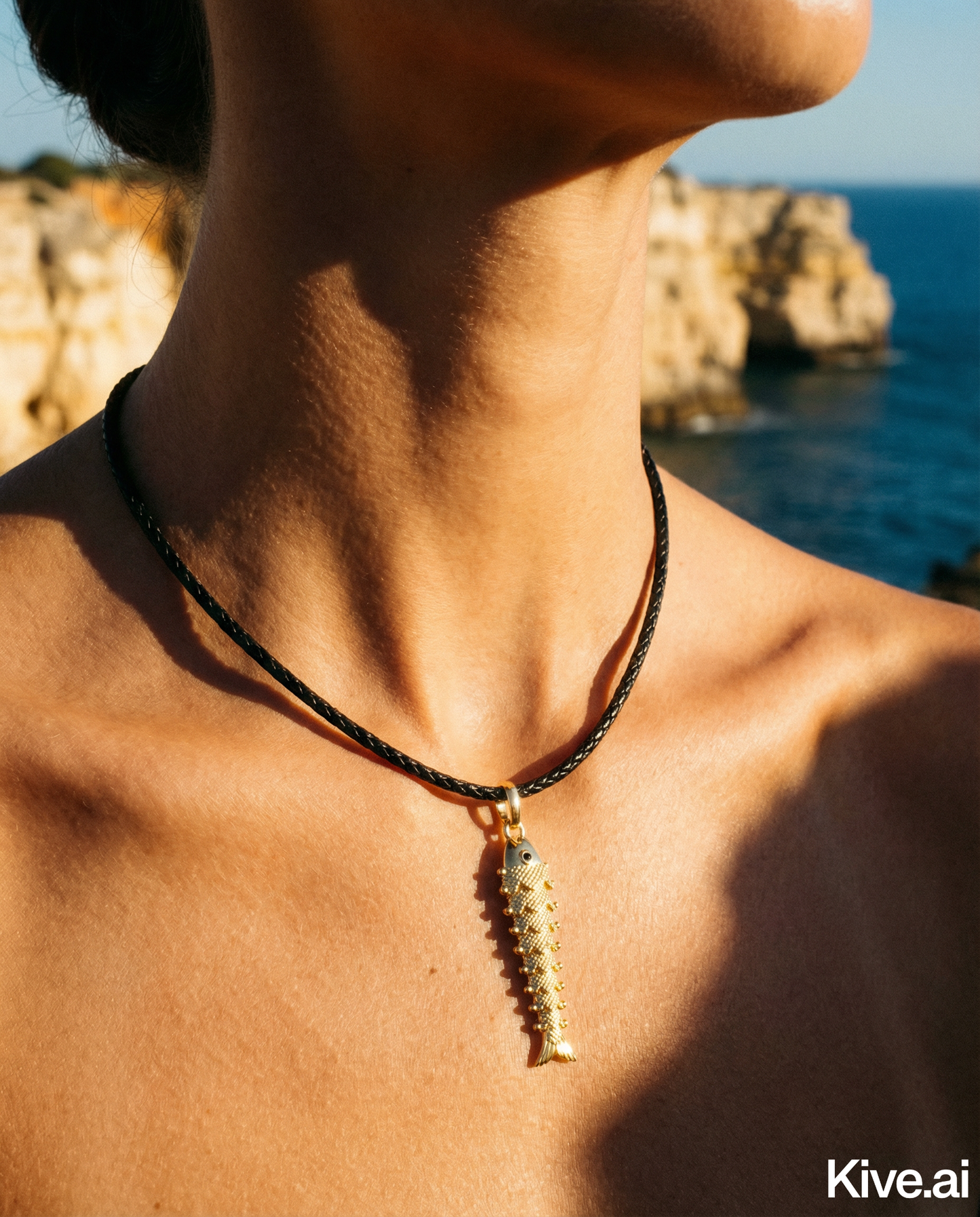 Gold Fish Bone Pendant Necklace