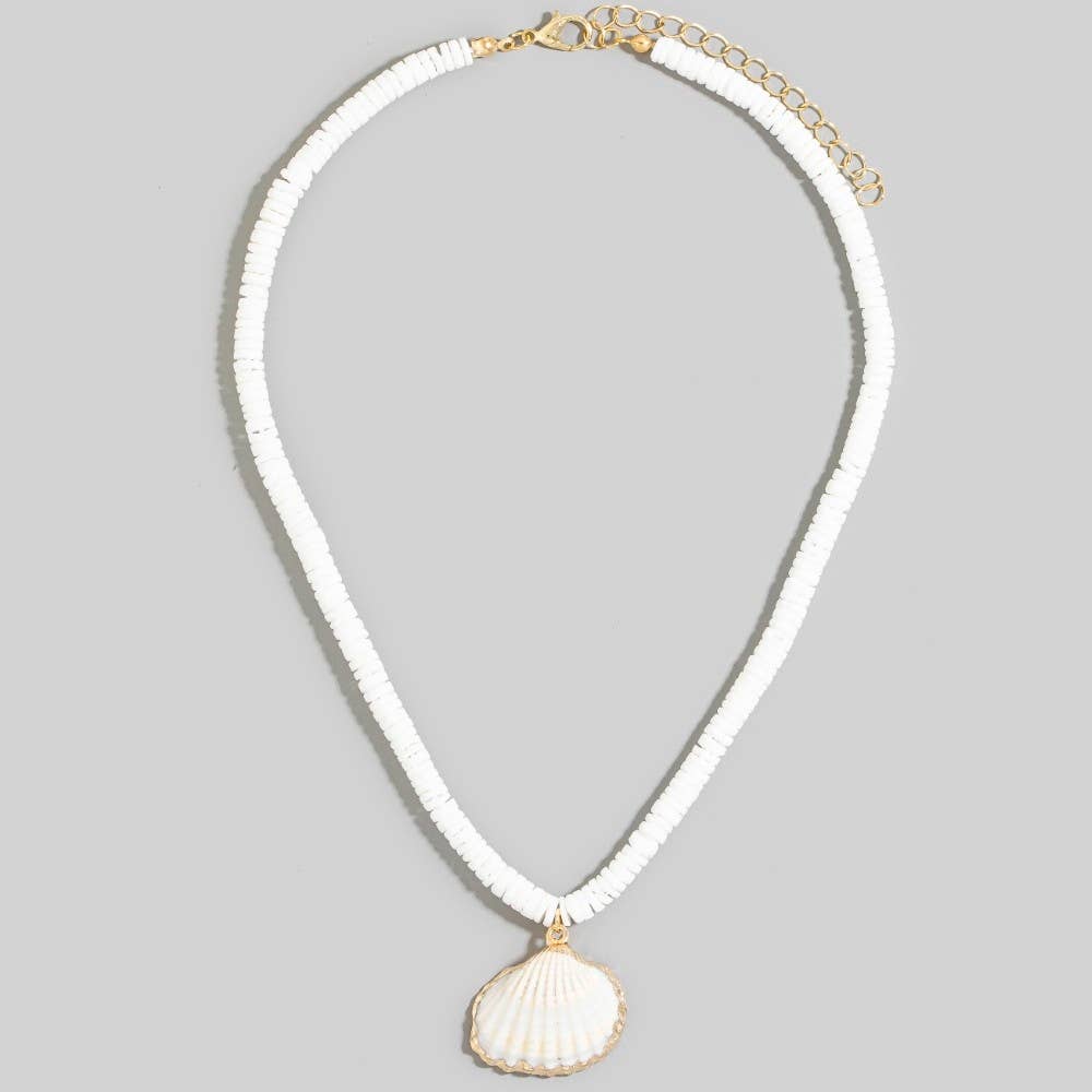 Metallic Dip Clam Shell Pendant Disc Beaded Necklace