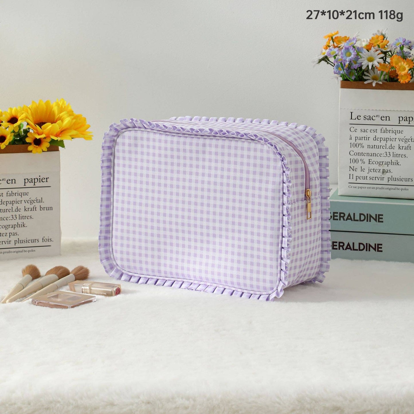 Ruffle Checker Striped Cosmetic Bag