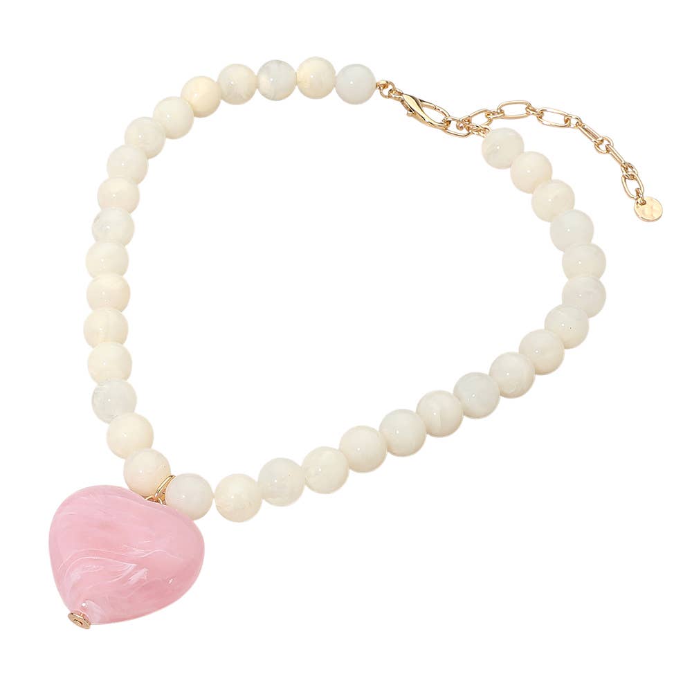 Chunky Marbled Resin Heart Charm Beaded Necklace