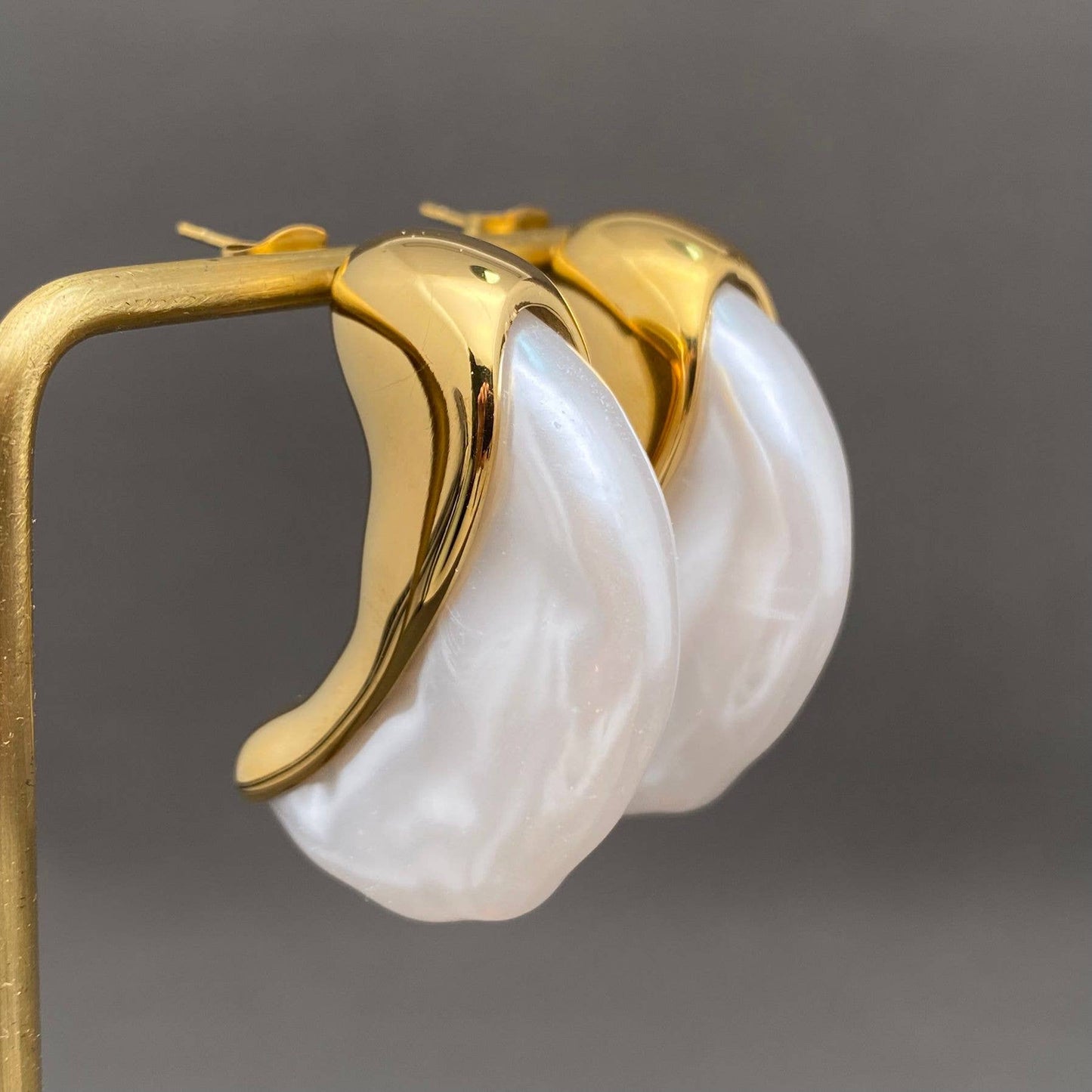 Pearl Inlaid Moon 18K Gold Plated S.Steel Earrings - FGS