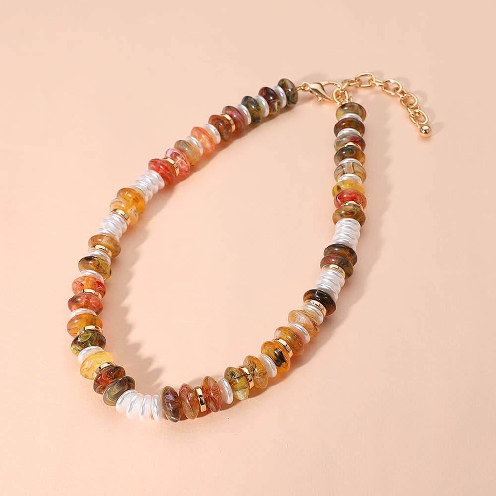Marbled Round Shaped Beads Pearl Beaded Necklace