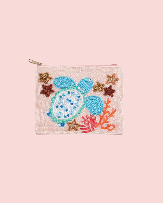 Beaded Sea Turtle Ocean-Themed Coin Purse with Coral