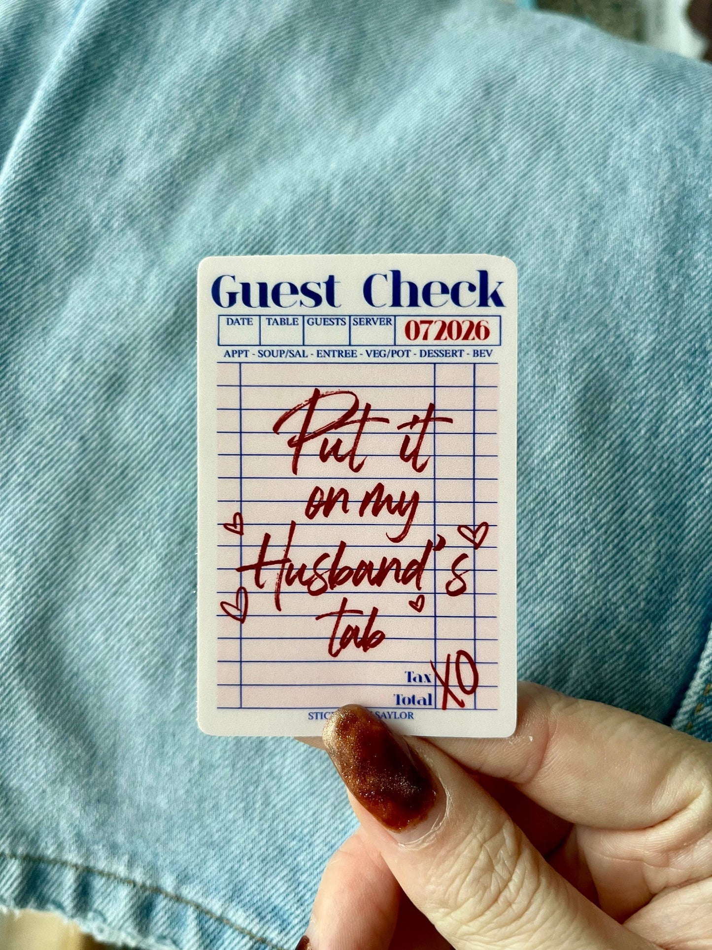 Put it on My Husband’s Tab Guest Check Pink Vinyl Sticker
