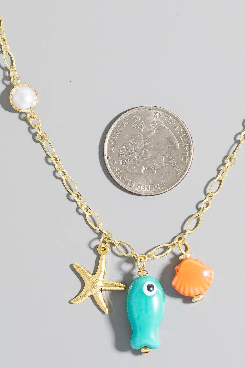 Starfish Pearl Clam And Fish Charms Chain Necklace