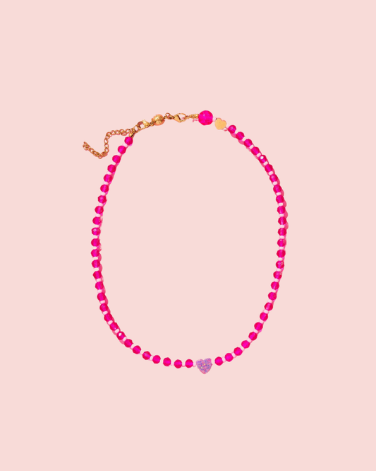 Beaded Necklace - Pink w/ Purple Opal Heart - Karley