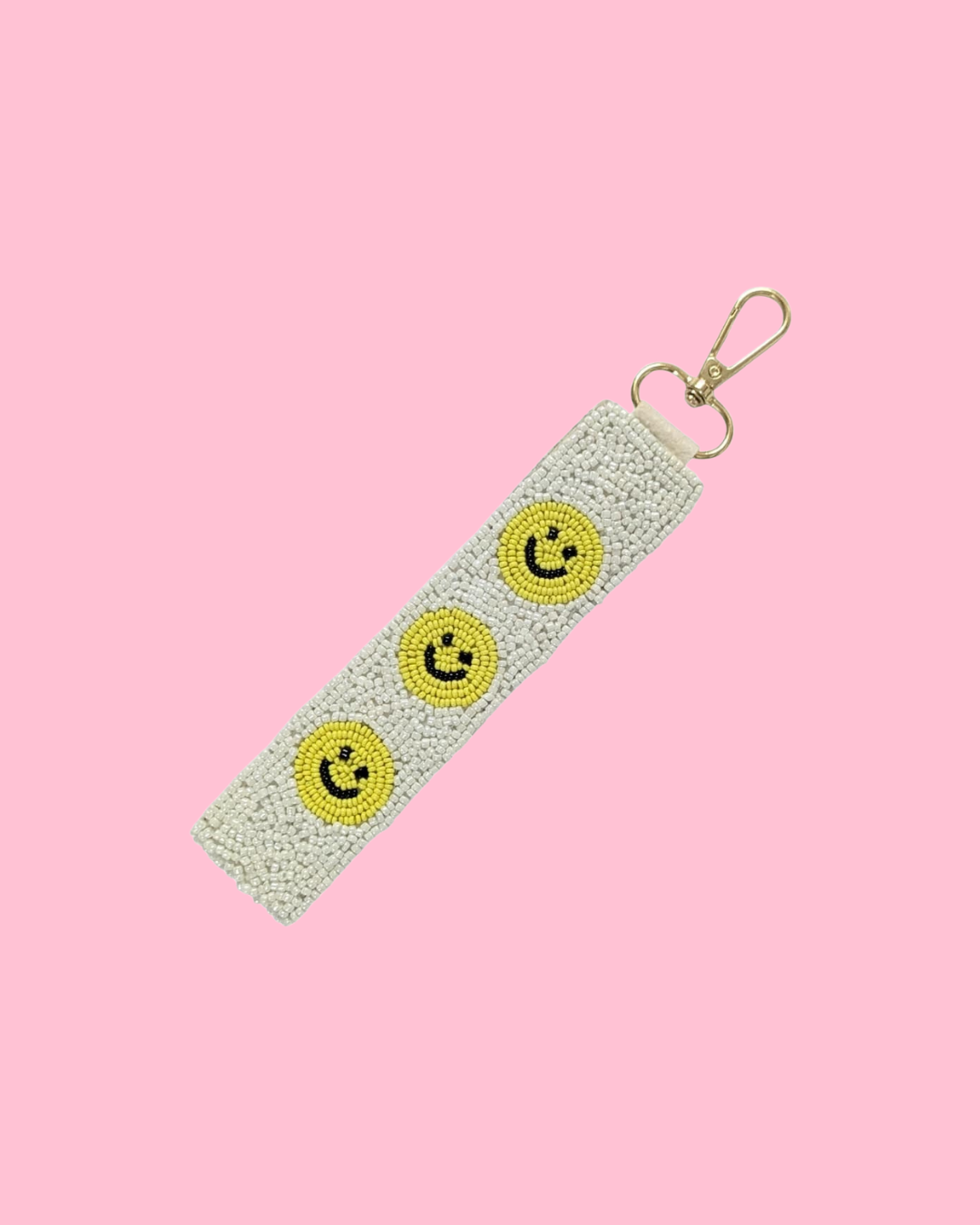 Happy Face Beaded Wristlet Strap Key Chain