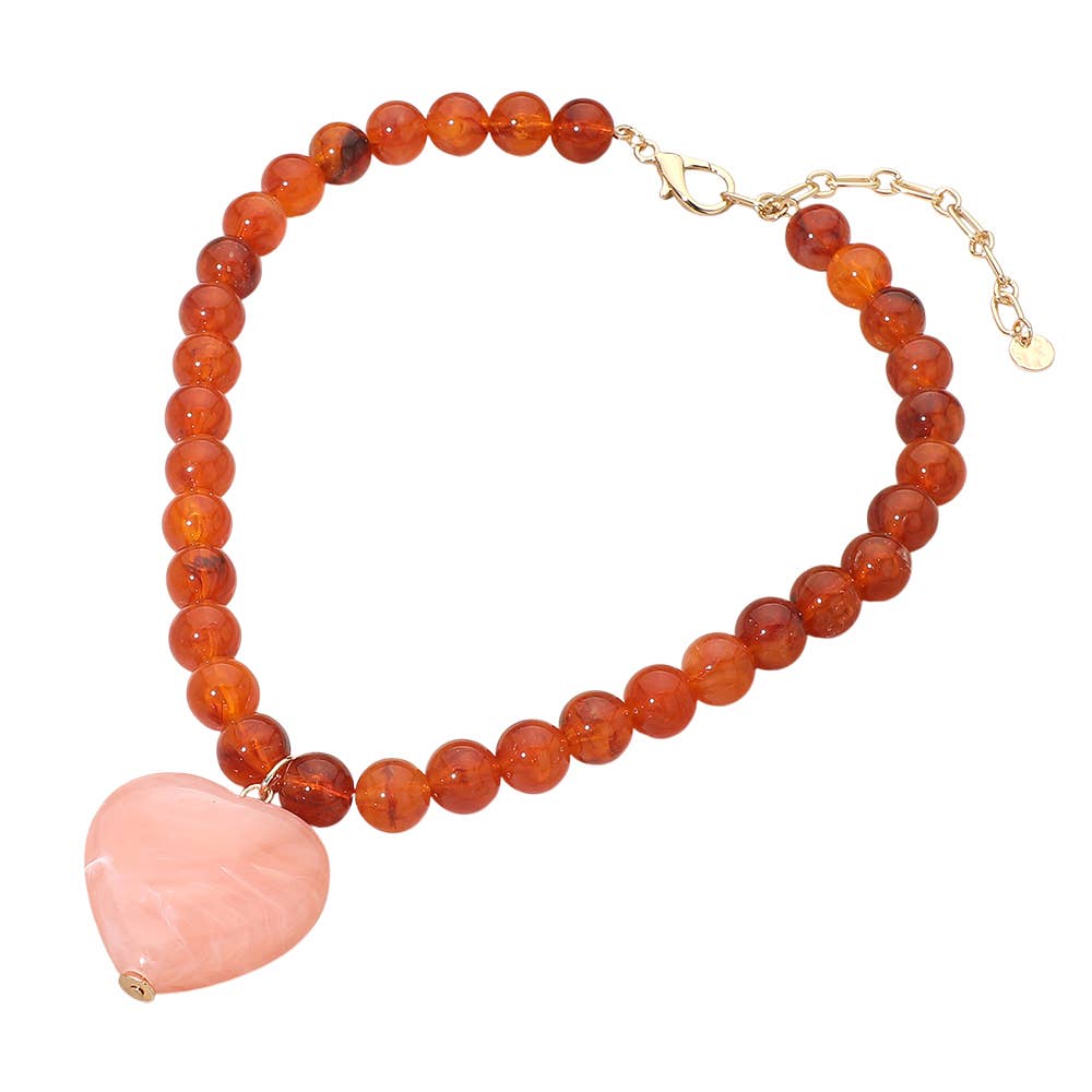 Chunky Marbled Resin Heart Charm Beaded Necklace