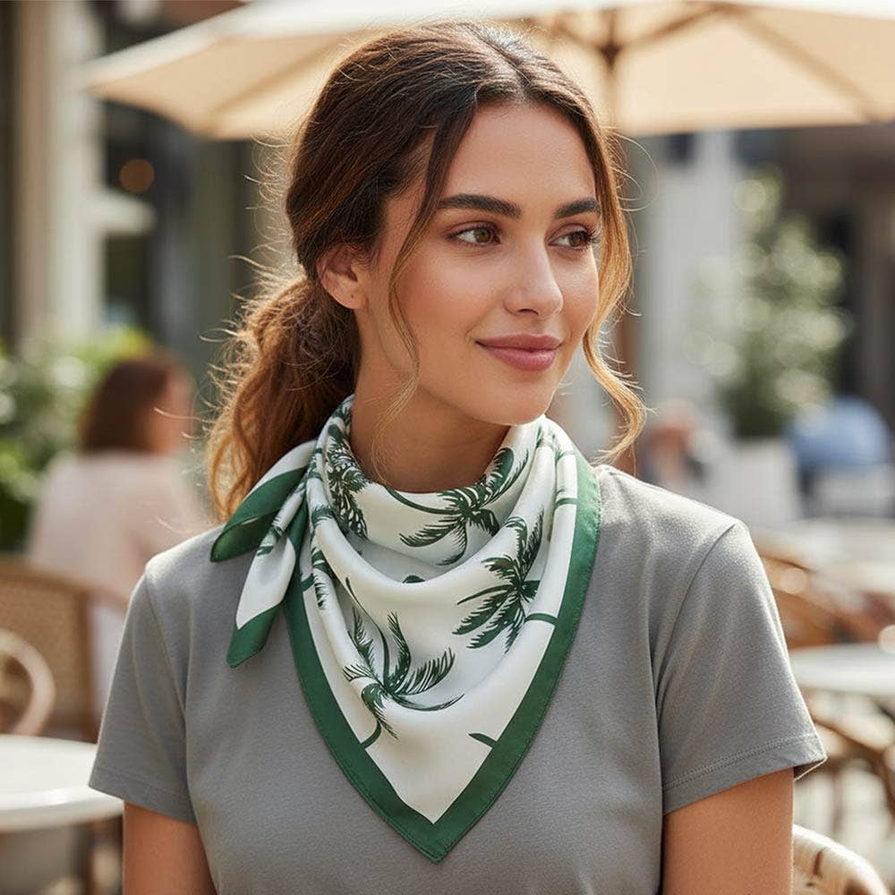 Palm Tree Pattern Printed Square Silky Satin Bandana Scarf
