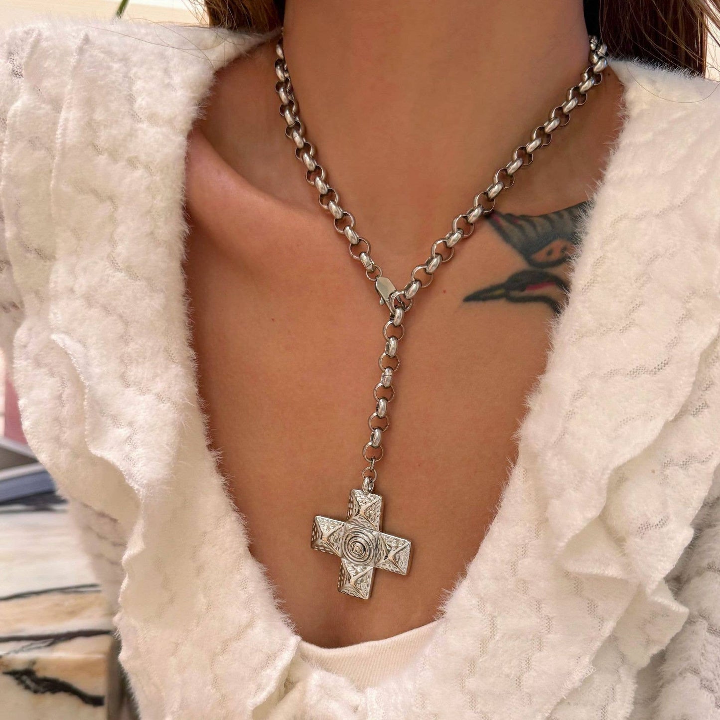 Chunky Cross Pendant Necklace in Silver or Gold