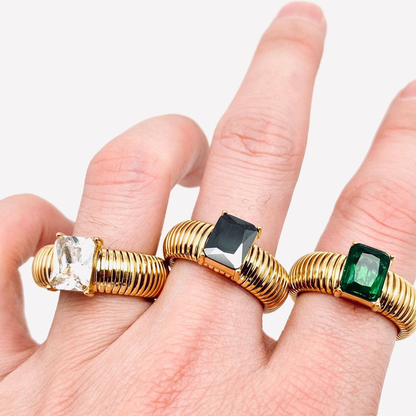 Zircon 18K Gold Plated Stainless Steel Striped Rings - FGS