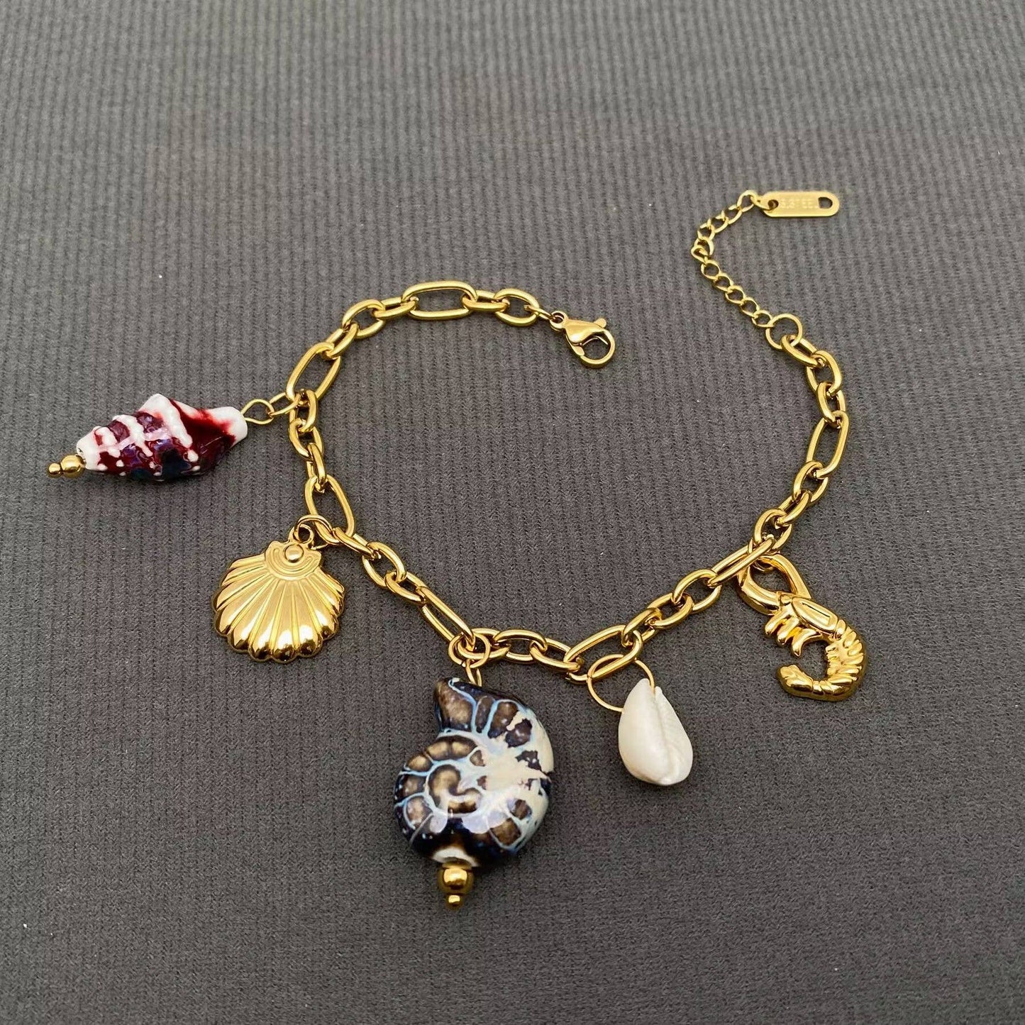 Conch & Shell & Lobster Charm 18K Golden SS Bracelets - FGS