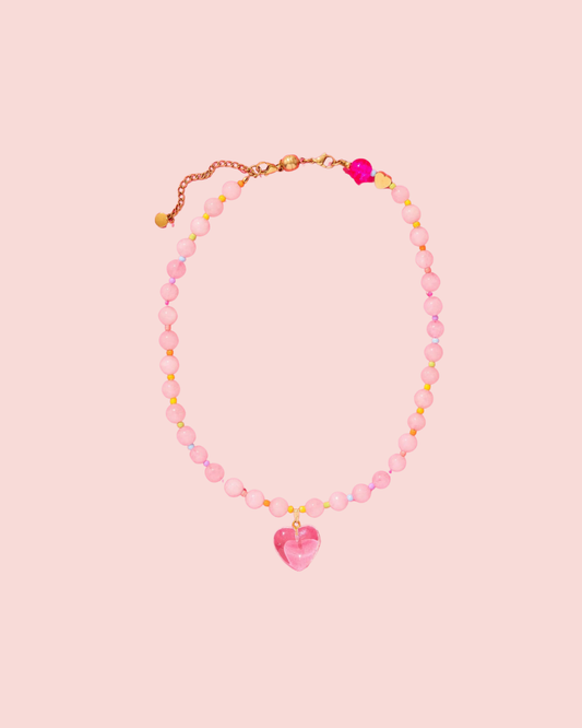 Beaded Necklace - Pink + Multi-Color w/Dangle Heart - Lottie